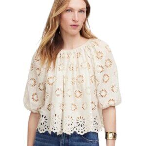 MADEWELL Embroidered Shirred Puff-Sleeve Eyelet Top Women's Small